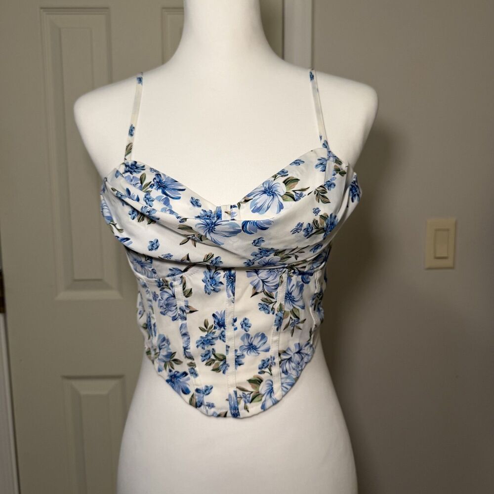 Floral Corset Bustier Crop Top Blue White Cowl Neck Cottagecore Medium